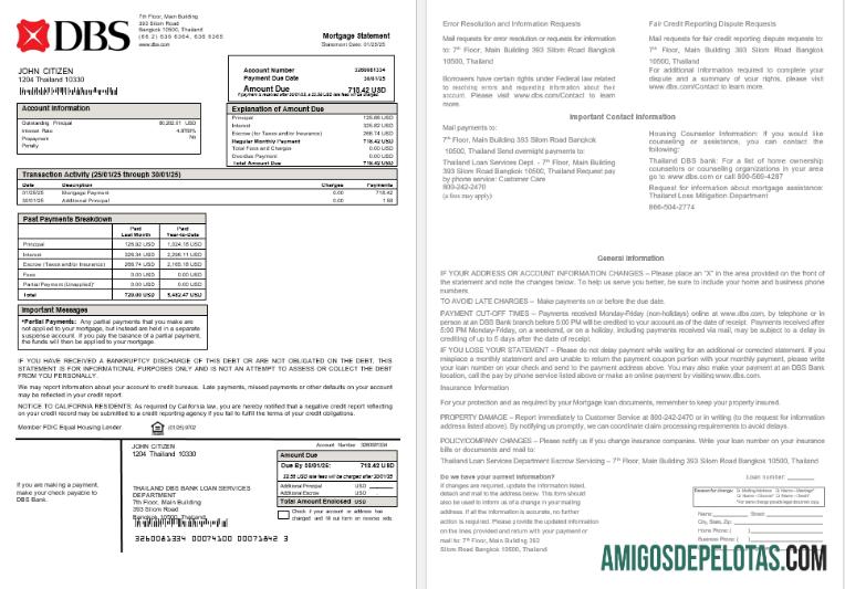 Extrato de hipoteca do banco DBS da Tailândia em formatos Word e PDF exemplo real